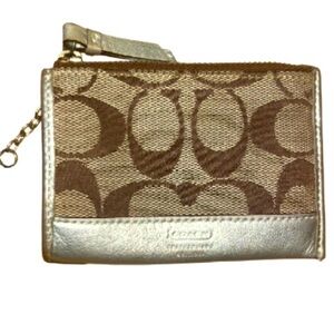 Coach “C” Signature Brown Small Change Purse Wallet Gold Leather Logo & Chain